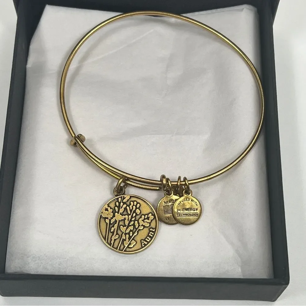 Alex and Ani Aunt Charm Bangle Bracelet Gold Tone Adjustable Retired With Box